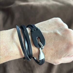 Black Leather Wrap Bracelet with Silver Accent